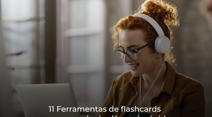 Mulher usando ferramentas de flashcards para aprender inglês