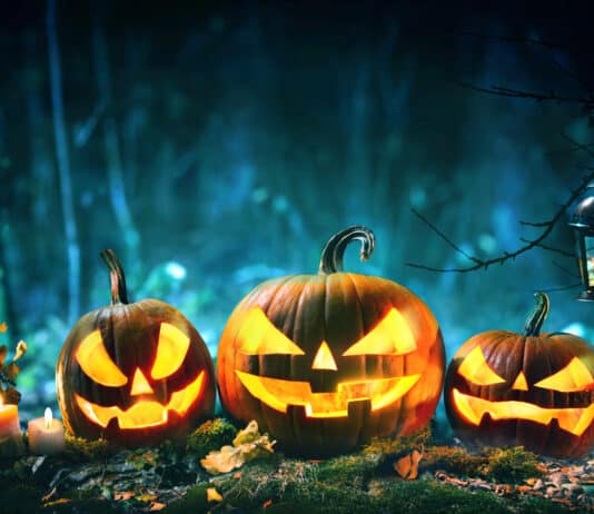 Imagem de abóboras assombradas representando o Inglês para o Halloween